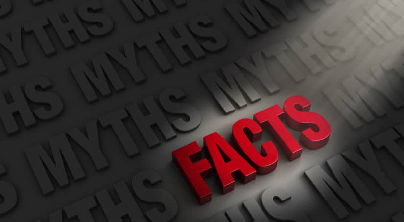 The word "myth" written numerous times with grey 3D letters surrounding the word "facts" written in red 3D letters