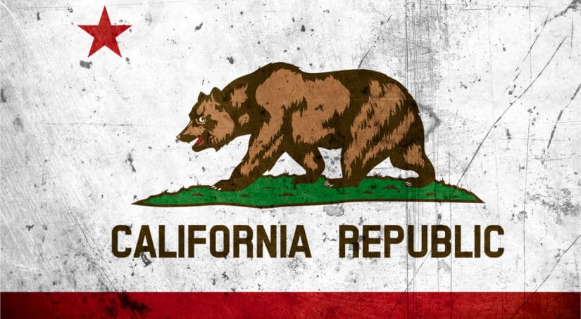Brown bear standing on grass with a red star above it and the words "California Republic" below it