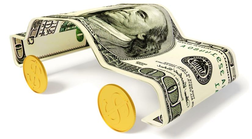 car shaped $100 with coin wheels on white background