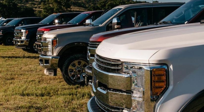 A closeup of the front hoods of pickup trucks in a line from Dealerships in Fort Worth on grass