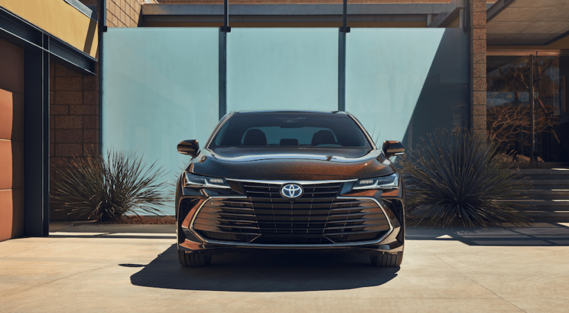 Front of an amber 2019 Toyota Avalon in front of glass wall