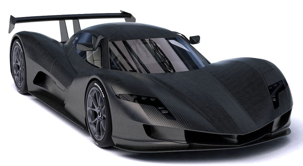 A Black carbon fiber Aspark Owl sports car on a white background