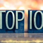 The word TOP 10 written in vintage metal letterpress type on a soft backlit background.
