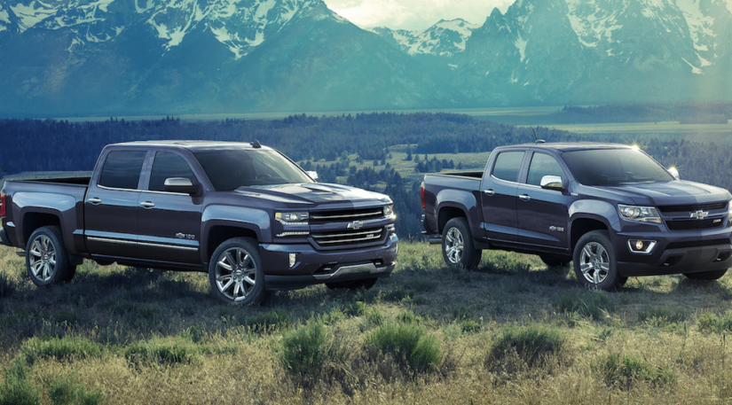2 blue Chevy trucks sit in front of a mountain range