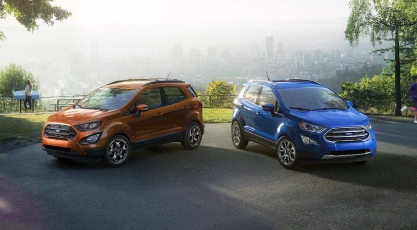 An orange and blue pair of 2018 Ford Ecosports