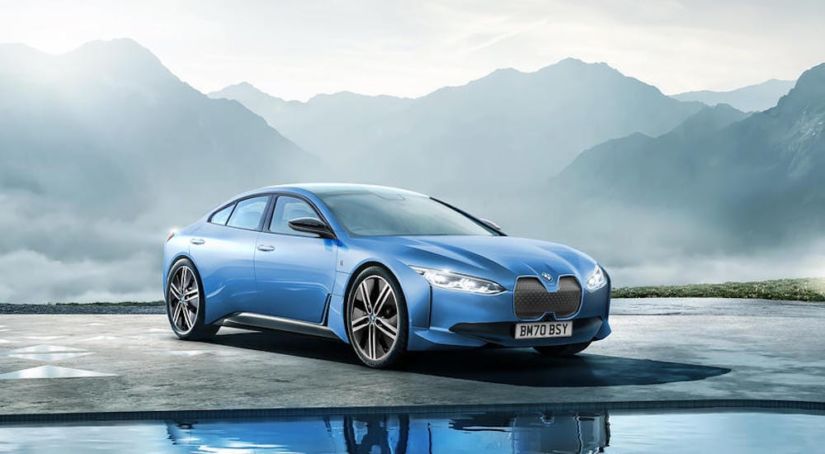 A rendering of the 2021 BMW I4 in bright blue