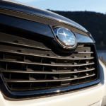 Closeup of white 2019 Subaru Forester grille with lake in back