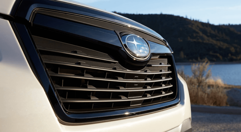 Closeup of white 2019 Subaru Forester grille with lake in back