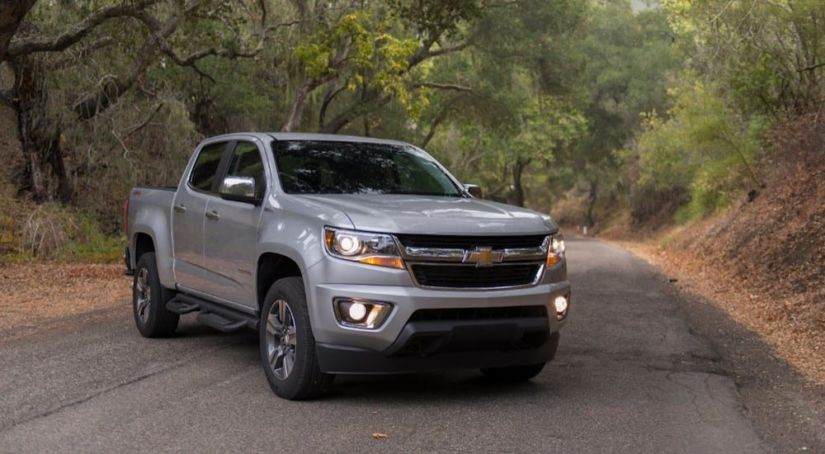 A silver 2019 Chevy Colorado diesel on a wooded road