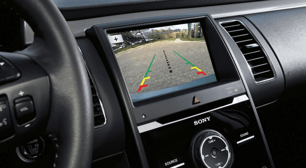 A closeup of the rearview camera in a 2019 Ford Flex