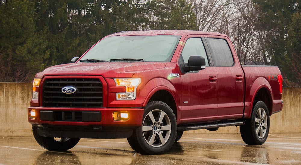 A used Ford F-150 parked in an empty lot on a rainy day