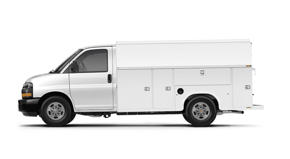 A 2019 white Chevy Express Cutaway utility truck is shown with a white background.