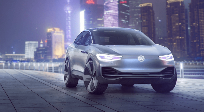 Silver 2020 Volkswagen ID Crozz concept in city night scape