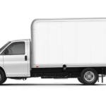 A 2019 Chevy Express Cutaway with a Hicube style cargo setup is shown on a white background. Box trucks for sale can be found at a Chevy commercial dealer.
