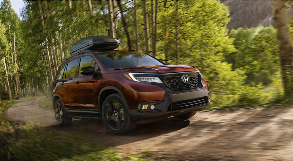 A dark red 2019 Honda Passport is driving down a trail in the woods.