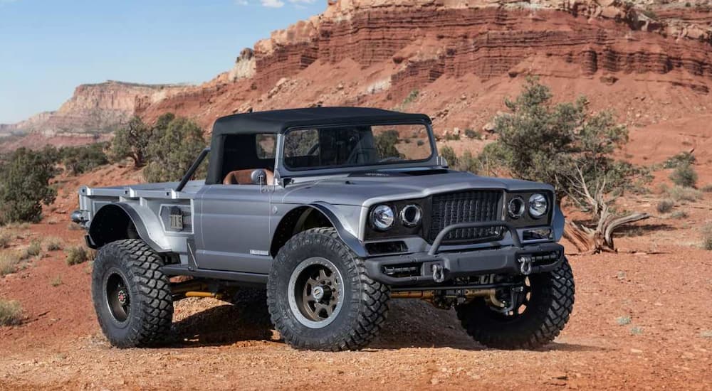 The silver concept 209 Jeep Five-Quarter is shown at the 2019 Moab Utah Easter Jeep Safari in current auto news. 