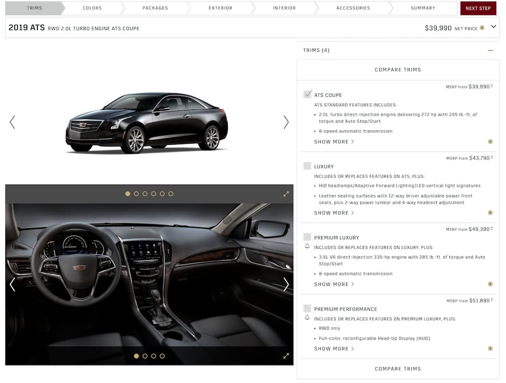 The build page for the 2019 Cadillac ATS in black is shown with options and images to view.