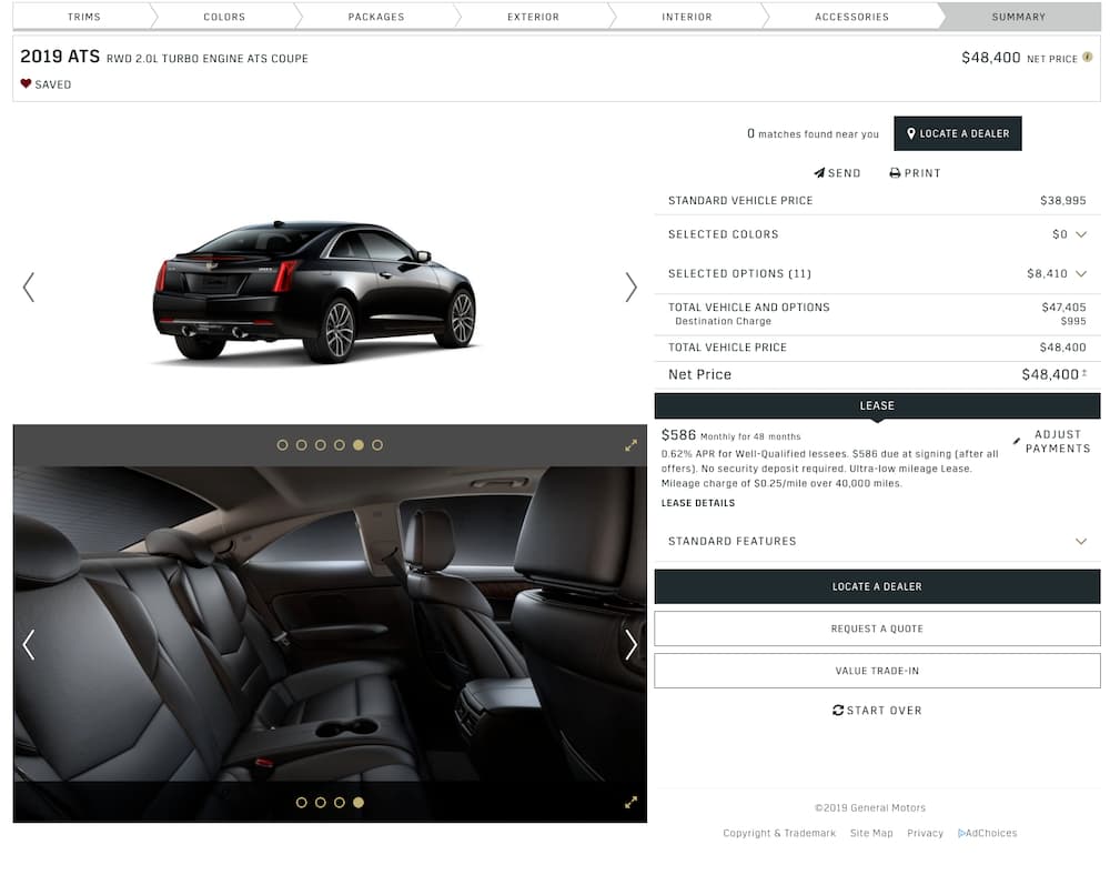 The summary of a built black 2019 Cadillac ATS is shown with the option to find a Cadillac dealership.