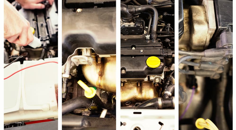 Four views from under the hood of a car are showing important components.