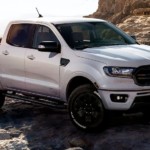 A silver 2019 Ford Ranger is parked on a rocky area with a view.