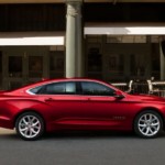 A red 2019 Chevy Impala, an option for Chevy lease deals, is parked in front of a city building.