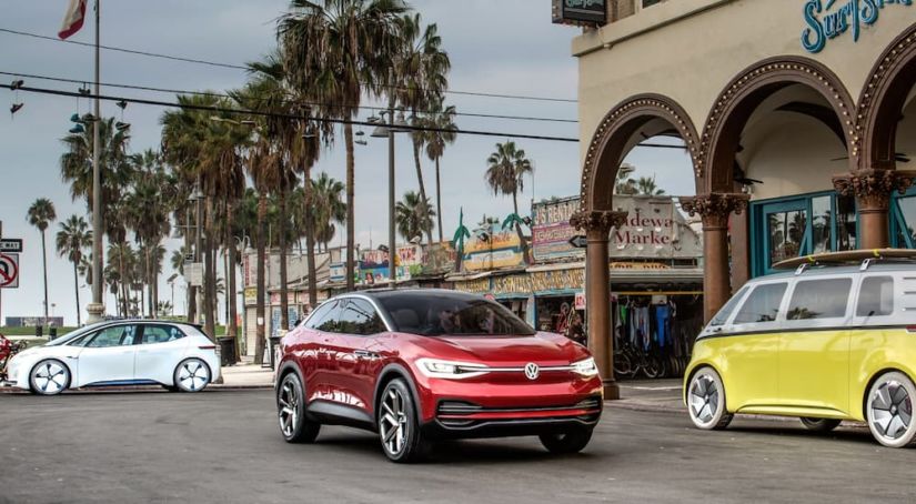 In current auto news, the Volkswagen ID. prototypes are shown downtown near the beach.