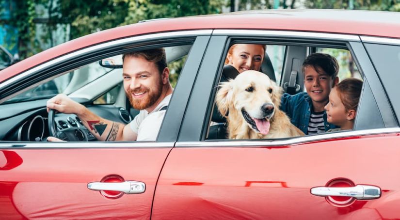 A family and their dog are all in a red car.