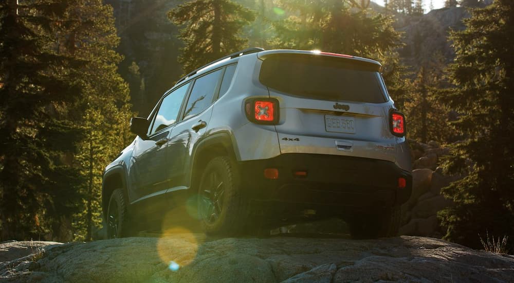 A grey 2018 Jeep Renegade is on a rock in the woods near Colorado Springs, CO.