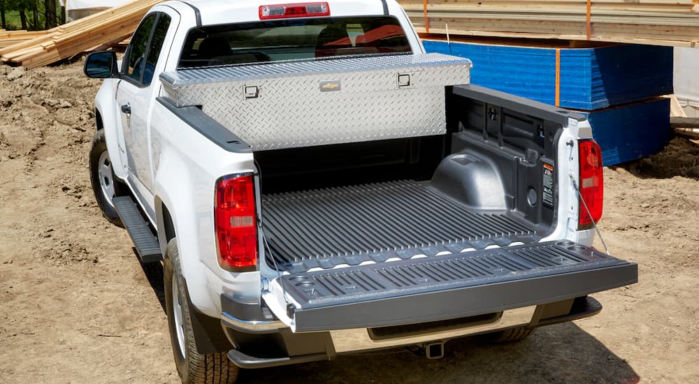 The bed of a white 2019 Chevy Colorado is shown.