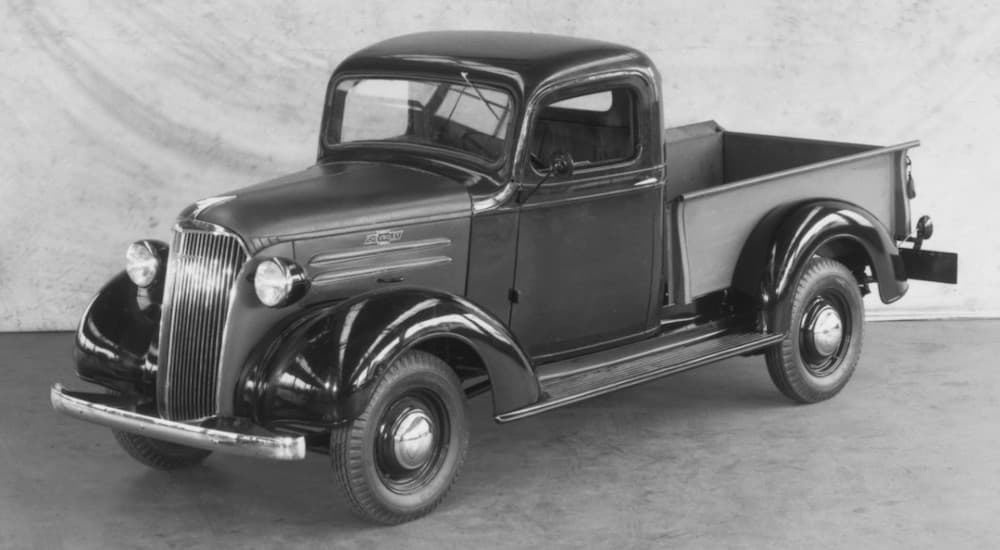 A 1937 Chevy GC Series truck, hard to find among used Chevy trucks, is shown in black and white.