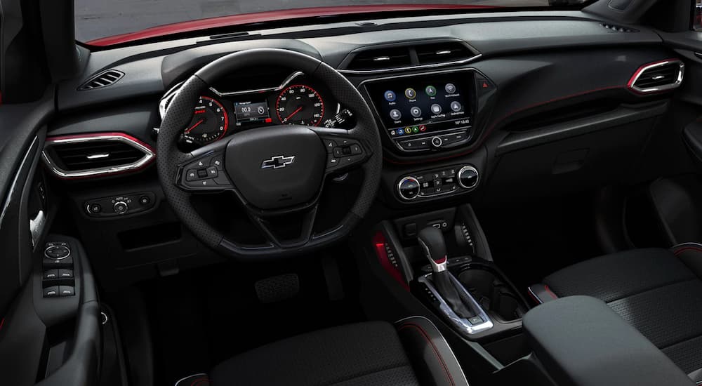 The black interior of a 2021 Chevy Trailblazer is shown.