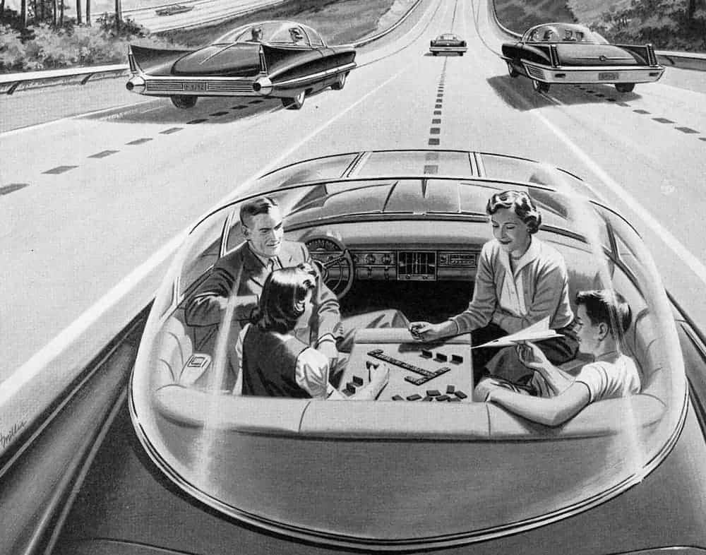 Four people are in a vintage autonomous car rendering that shows them playing games while riding on the highway in black and white.