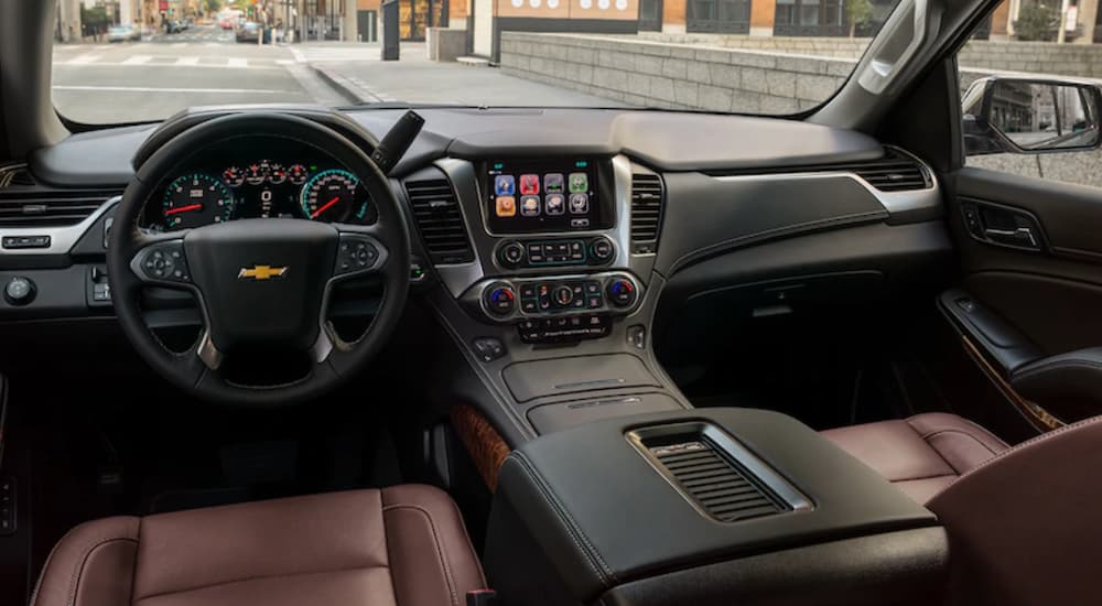 The burgundy leather interior of the 2020 Suburban.