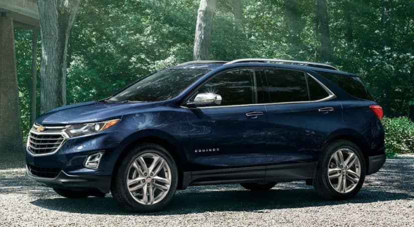 A blue 2020 Chevy Equinox is parked on a dirt path surrounded by trees.