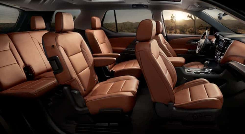 The brown interior of the 2020 Chevy Traverse is shown.