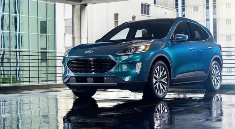 A blue 2020 Ford Escape, which wins when comparing the 2020 Ford Escape vs 2019 Ford Escape, is parked in a wet parking garage.