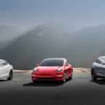 The 2020 Tesla car lineup is shown with mountains in the distance.