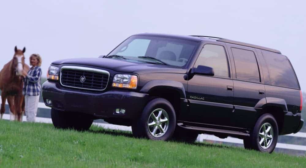 A black 1999 Cadillac Escalade is parked on a farm next to a woman with her horse. 