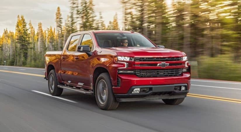 A red 2020 Chevy Silverado 1500, which wins when comparing the 2020 Chevy Silverado 1500 vs 2020 Ram 1500, is driving on a tree-lined road.