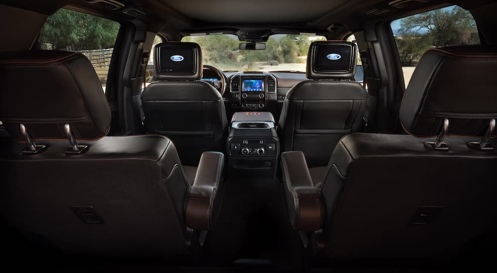 A rear to front view of the 2020 Ford Expedition King Ranch Edition is shown with entertainment systems in the rear. 