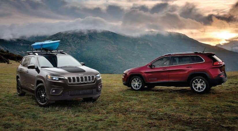 Two 2020 Jeep Cherokee's, red and grey, are parked in a grassy field at dusk with mountains in the back.
