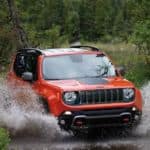 An orange 2020 Jeep Renegade is driving through a large puddle with water spraying up.