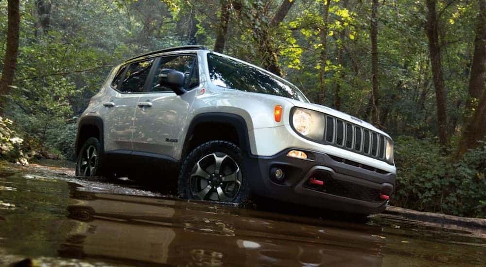 A white 2020 Jeep Renegade, which wins when comparing the 2020 Jeep Renegade vs 2020 Toyota C-HR, is driving through a puddle of water in the woods. 