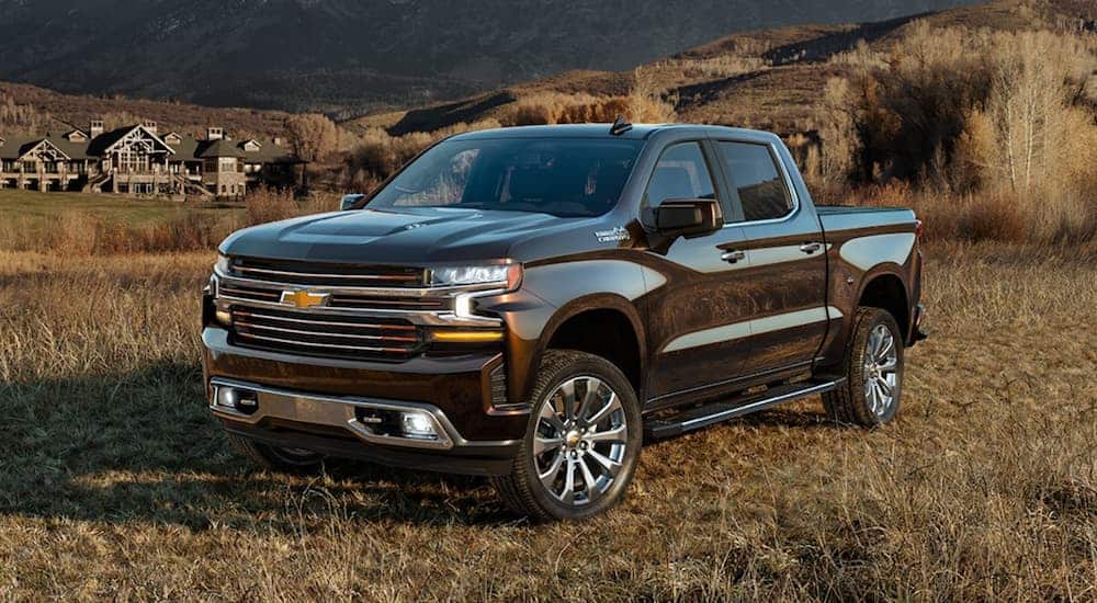 A brown 2020 Chevy Silverado 1500 is parked in a grassy field with a log cabin in the distance. 