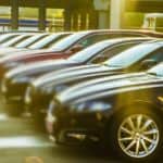 A row of used cars are shown.