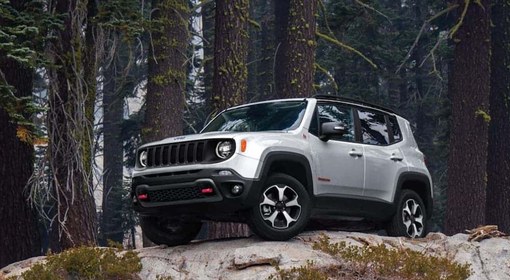 A silver 2020 Jeep Renegade is parked on a large rock after driving through the woods. 