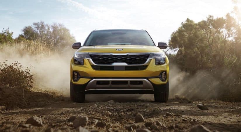 The front of a yellow 2021 Kia Seltos on a dirt trail