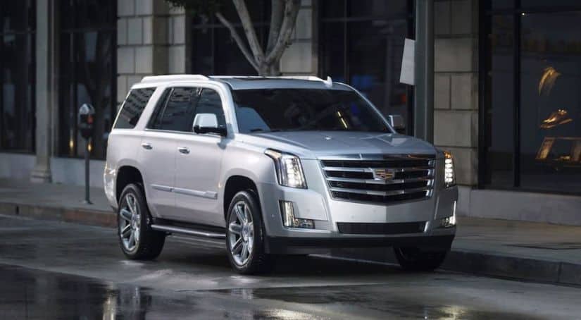 A silver 2018 Cadillac Escalade is parked on a city street.