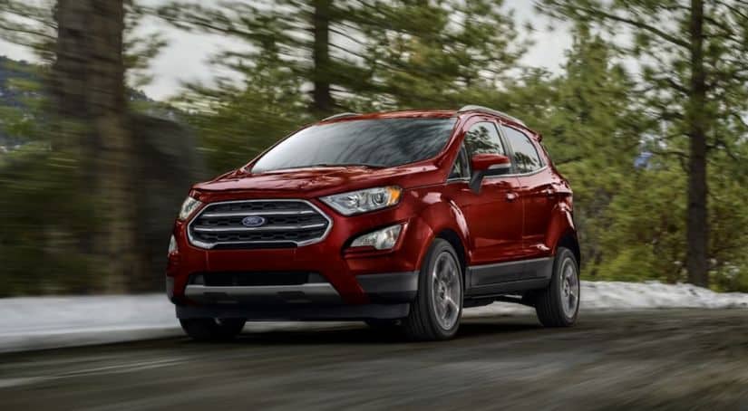 A red 2020 Ford Ecosport is driving past pine trees.