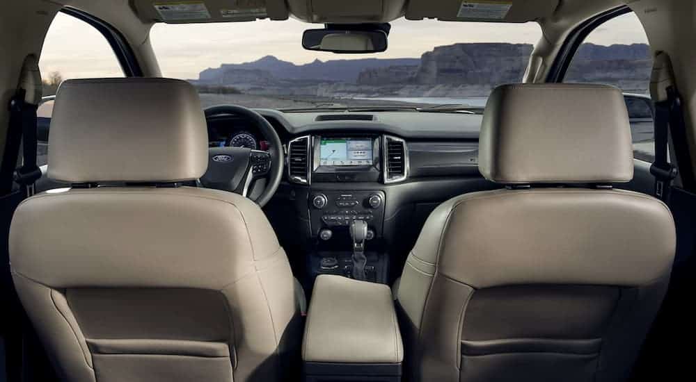 The tan interior in a 2020 Ford Ranger Lariat is shown.